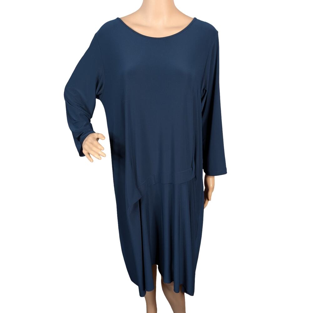Comfy USA Sun Kim Caroline Navy Blue Sculptural Pleated Lagenlook Dress Size L